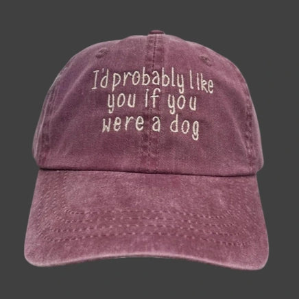 Maroon cap with white text on a white background