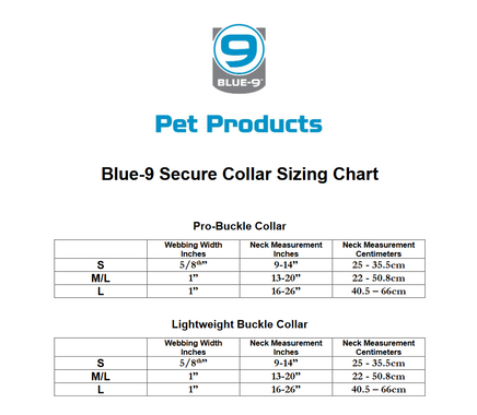 Sizing chart for Secure Lightweight Dog Collar by Blue9