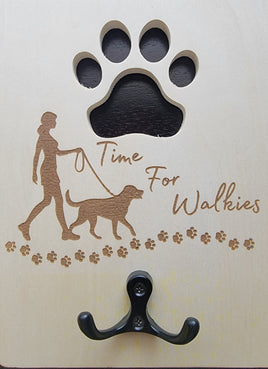 Wall Sign, Wood, with Leash Hook 'Time for Walkies!'