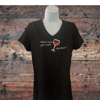 Tee-Shirt, Women's, Short Sleeve, V neck, Black, 'What Wine Goes With Dog Hair?'