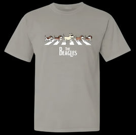 Gray t-shirt with 'The Beagles' design on a white background
