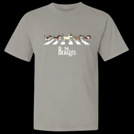 Gray t-shirt with 'The Beagles' design on a white background
