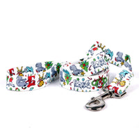 Designer Dog Leash, Chrismas trees, ornimants, candy canes on white background