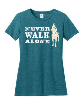 Green Ladies Tee Shirt by Dog is Good that says Never walk Alone