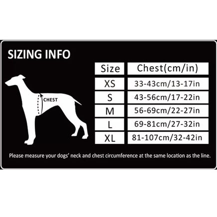 Padded reflective dog harness size chart